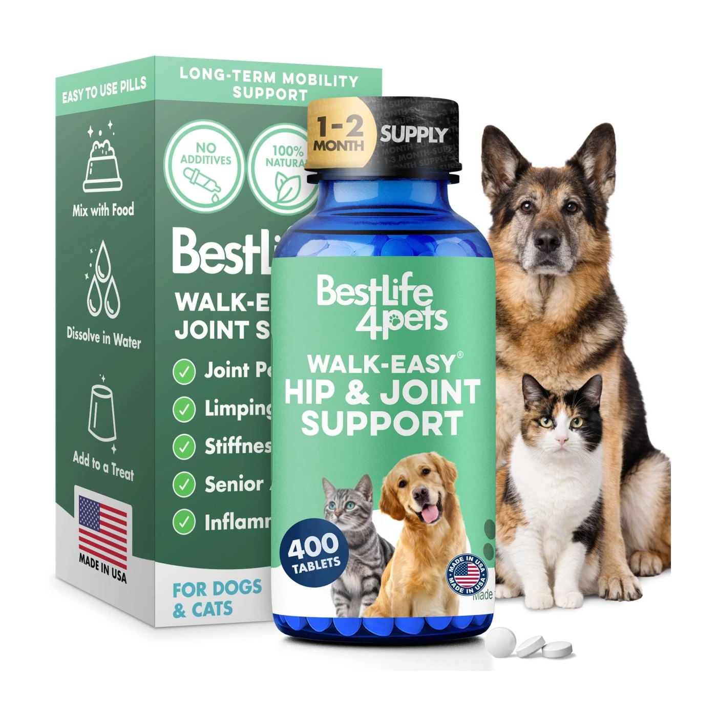 Walk-Easy Cat & Dog Joint Pain Relief - Effective Cat Pain Reliever, Anti Inflammatory & Natural Dog Hip and Joint Supplement Helps with Mobility, Limping, Hip Dysplasia, & ACL Tear - 400 Small Pills