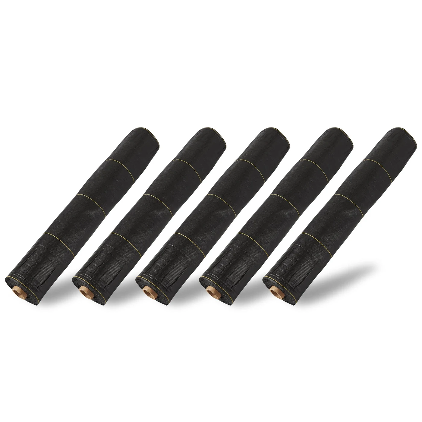 Five rolls of black DeWitt woven weed-barrier landscape fabric.