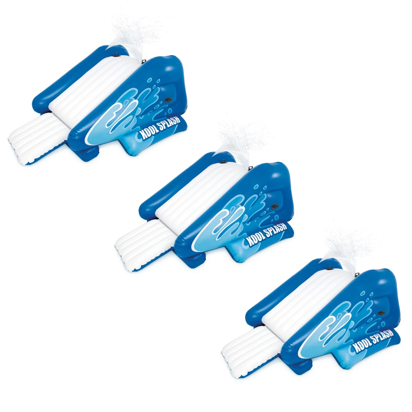 Three blue Intex Kool Splash inflatable pool water slides.