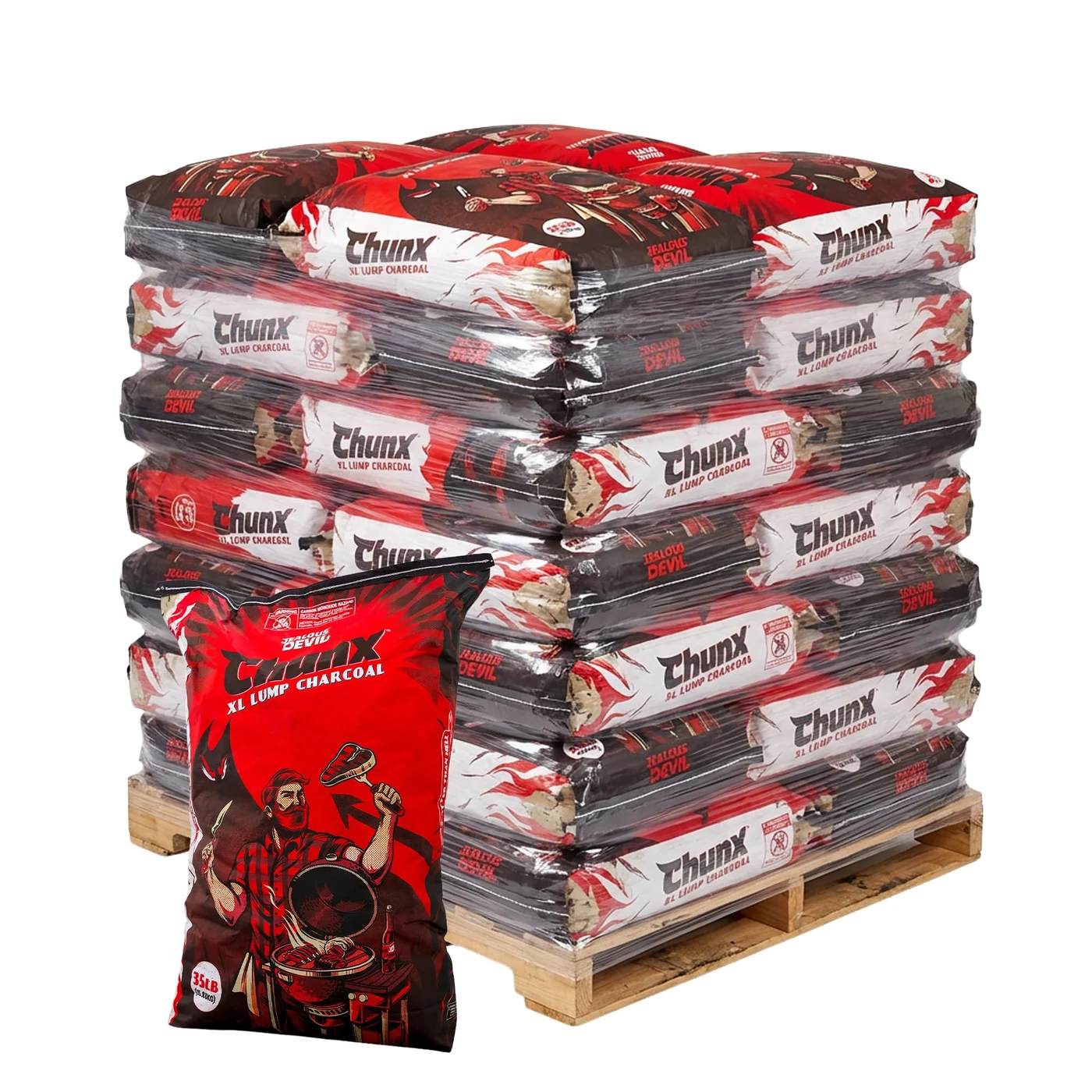 A pallet of Jealous Devil natural hardwood lump charcoal bags.