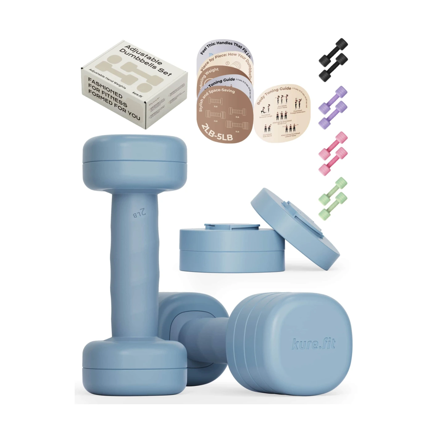 kure.fit Adjustable Dumbbell Set｜2LB 3LB 4LB 5LB Light Hand Weights for Women｜One-Twist Weight Adjustment｜Non-Slip Curved Grip Handle｜Free Weights for Home Gym, Rehab, Pilates, Yoga, Strength Training