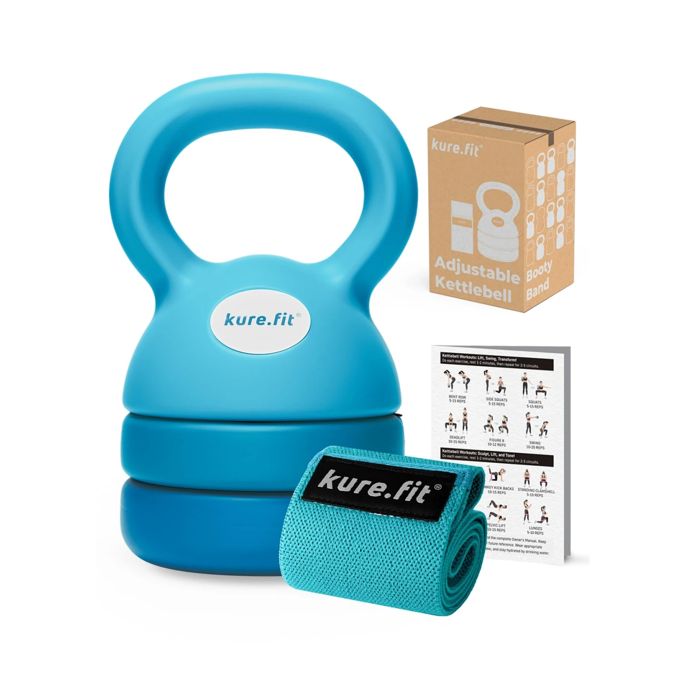 kure.fit Adjustable Kettlebell | 5 lb - 12 lb | Kettlebell Weights Set for Home Gym | Full-Body Workouts, Strength Training, Weight Loss | Fabric Booty Band | Beginners & Women | Teal Blue