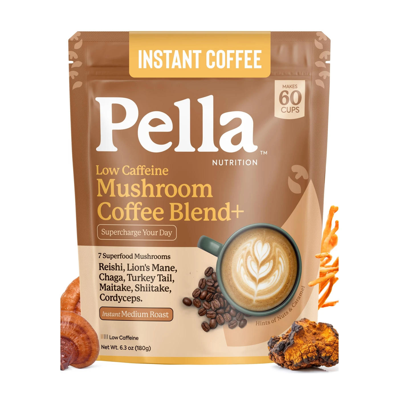 Organic Low-Caffeine Mushroom Coffee (60 Servings) with 7 Superfood Mushrooms,…