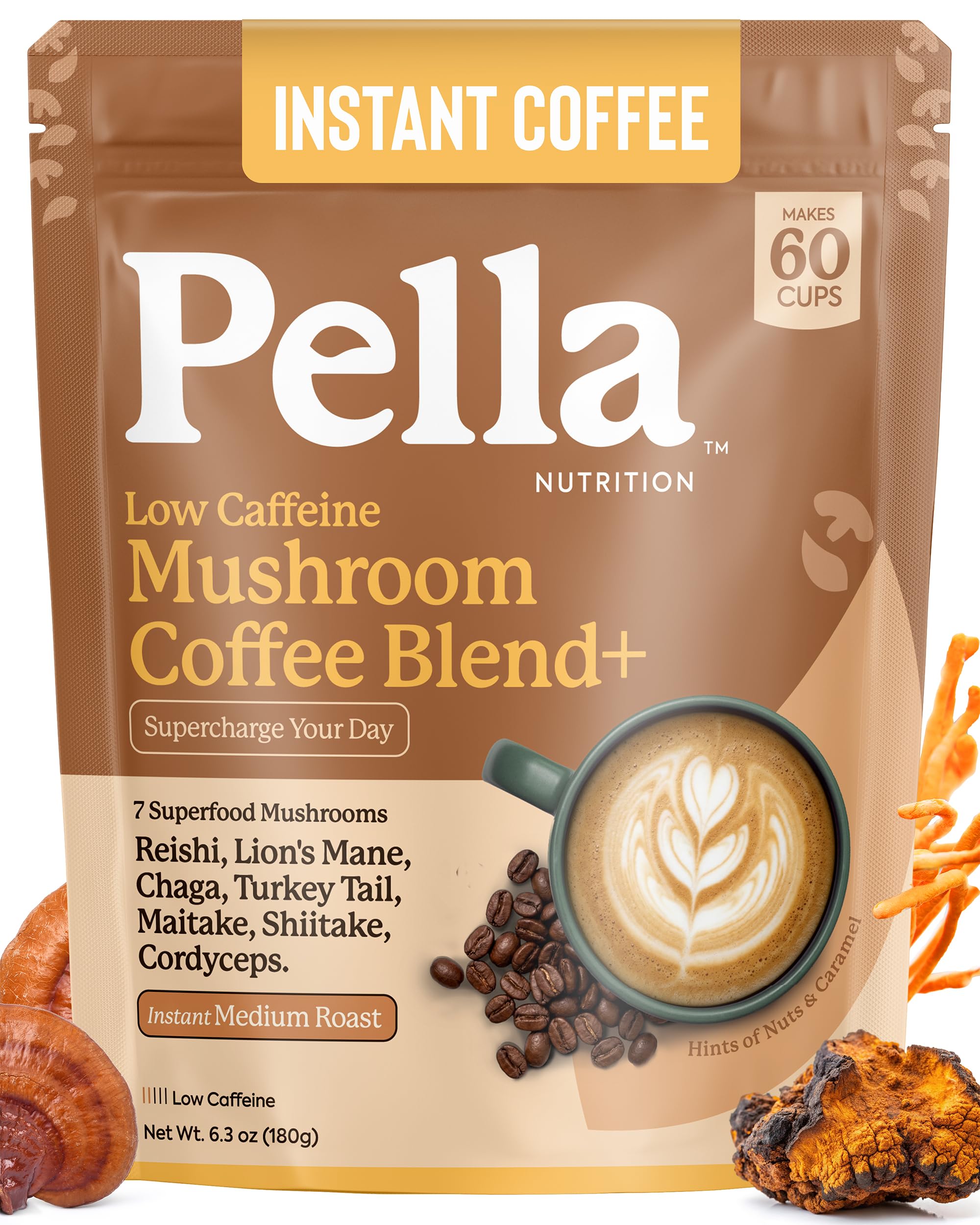 Organic Low-Caffeine Mushroom Coffee (60 Servings) with 7 Superfood Mushr…