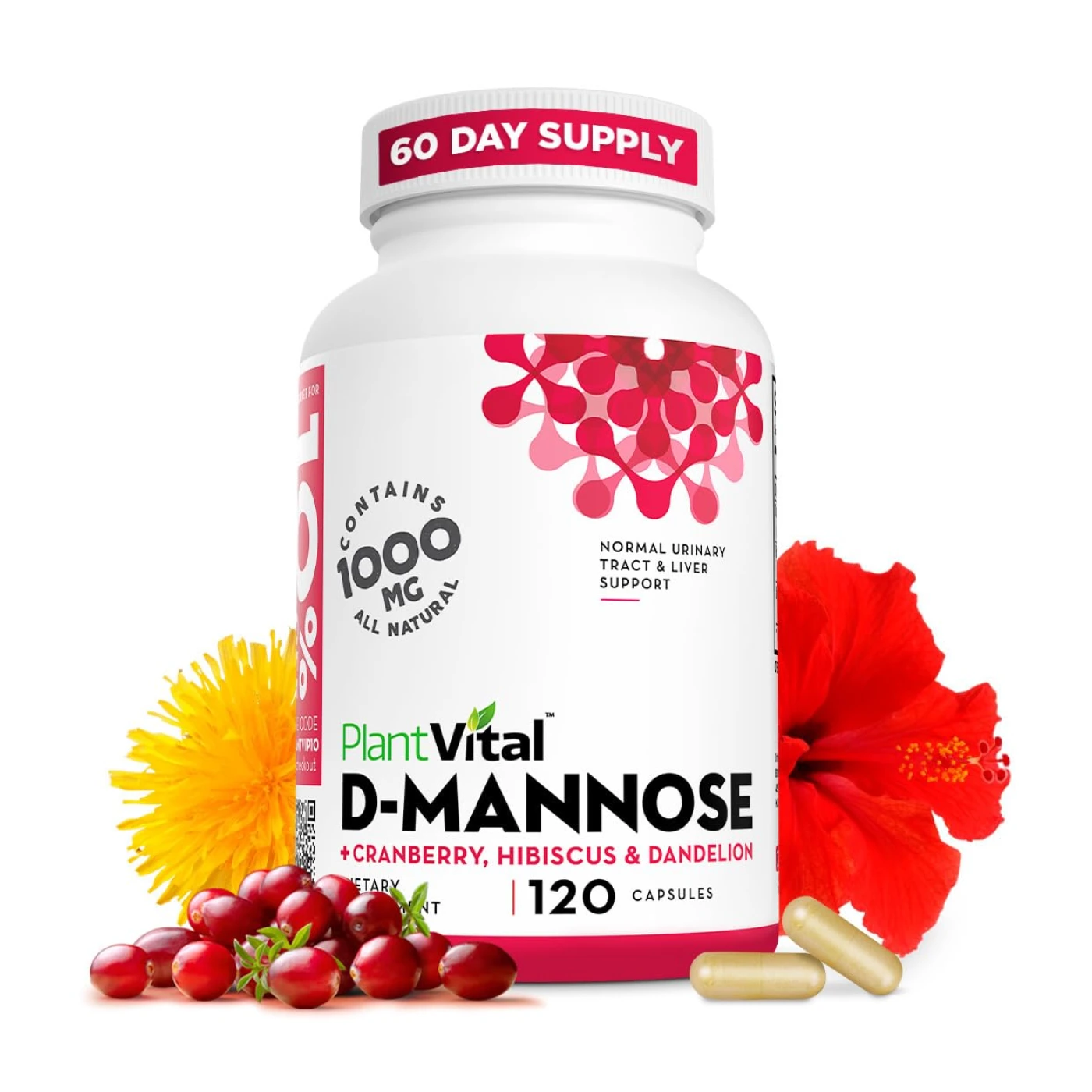 Plantvital D Mannose Capsules with Cranberry - D-mannose 1000mg Capsules