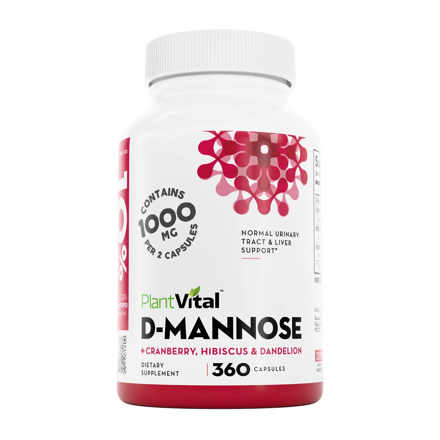 Product image of Plantvital D Mannose Capsules with Cranberry - D-mannose 1000mg Capsules - High Potency for Bladder, Kidney and Urinary Tract Support. Cranberry Powder with Hibiscus and Dandelion. 6 Months Supply by Plantvital.