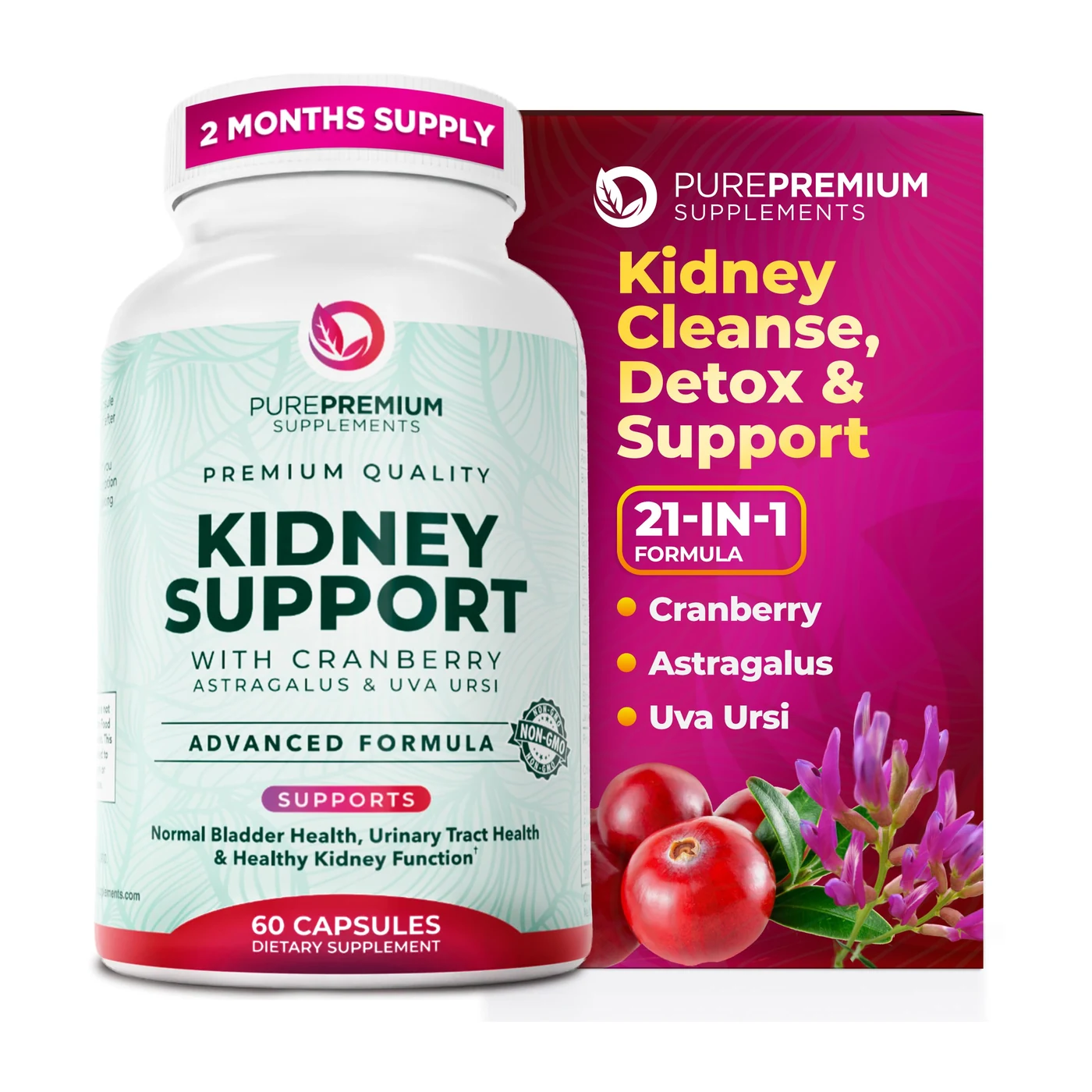 Product image of PurePremium Supplements - Kidney Support with Cranberry Extract & Astragalus - Kidney Cleanse Detox & Repair - Kidney Health Supplement for Urinary Tract, Bladder, Kidney Detox - 60 Cranberry Pills by PurePremium Supplements.