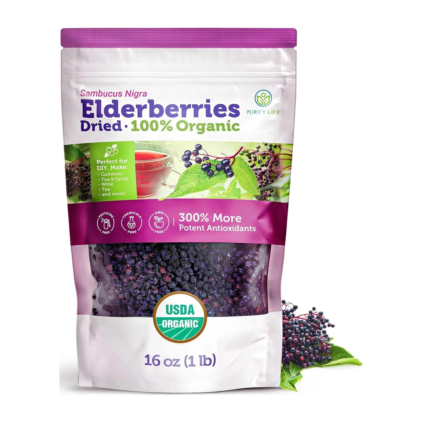Product image of Certified USDA - 100% Organic Dried Elderberries - 1lb Bulk - Non-Irradiated, Non-Gmo, Whole Black Elderberry Immune Support For Making Elder Syrup, Gummies, Tea - Raw Vegan Sambucus 1 Pound by Purify Life.