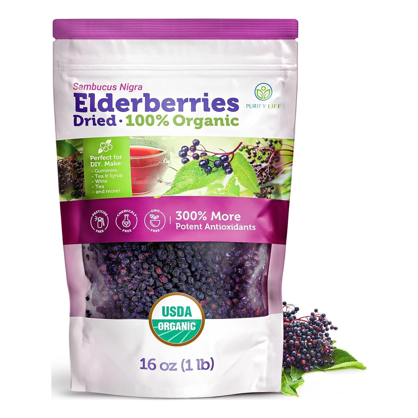 Product image of Certified USDA 100% Organic Dried Elderberries by Purify Life.