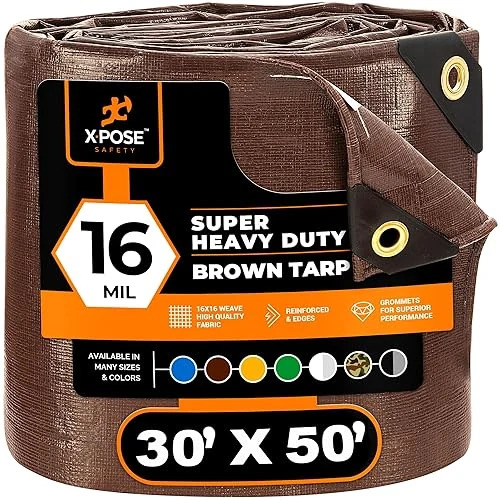 A rolled brown Xpose Safety 30 by 50 foot heavy-duty tarp.